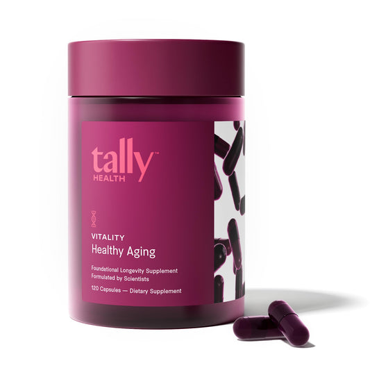 Tally Health Vitality Longevity Formula bottle front view highlighting clean, vegan capsule blend.