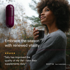 Tally Health capsules close-up emphasizes Spermidine, Fisetin, and Resveratrol in the mix.