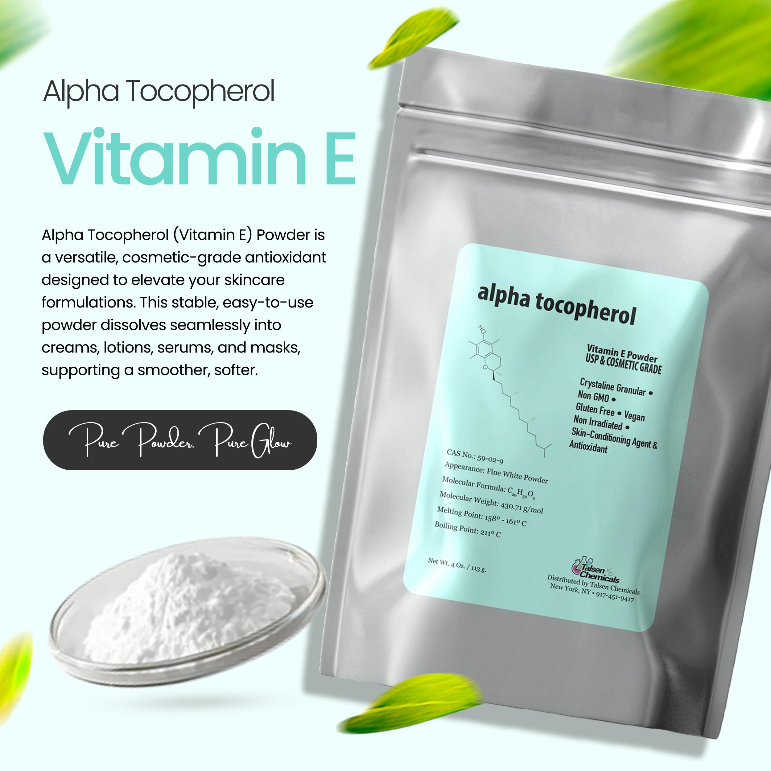 Talsen Chemicals Alpha Tocopheryl Acetate powder jar closeup showing fine texture