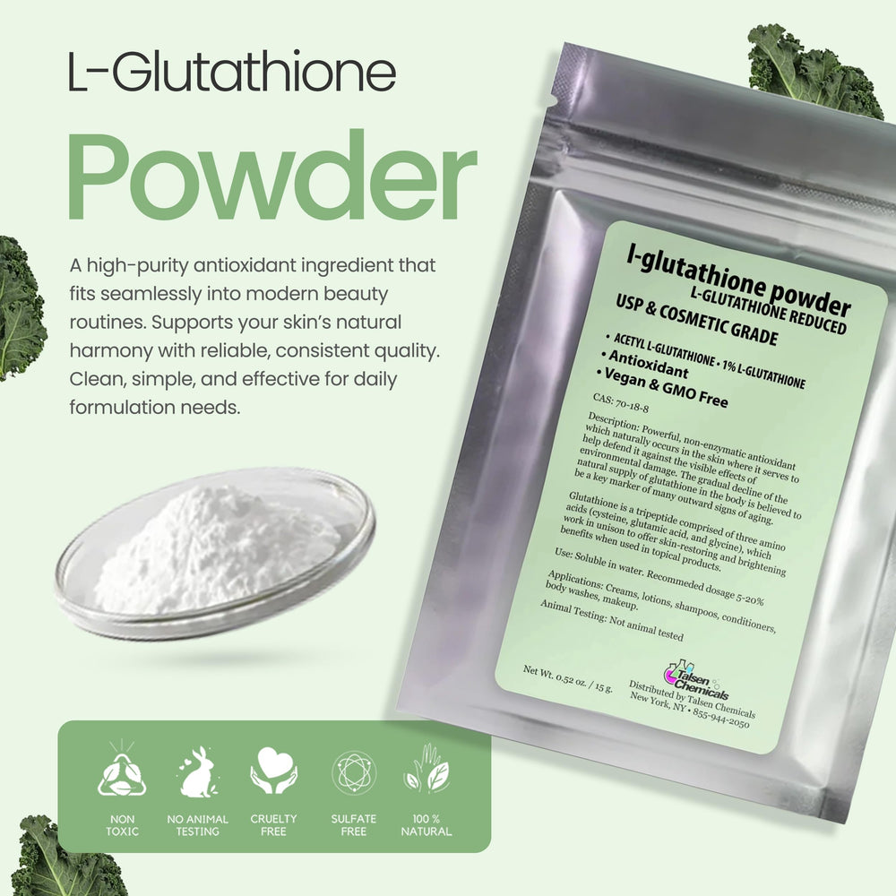 Talsen Chemicals reduced L-glutathione powder pour captures easy dissolution in water-based formulas.