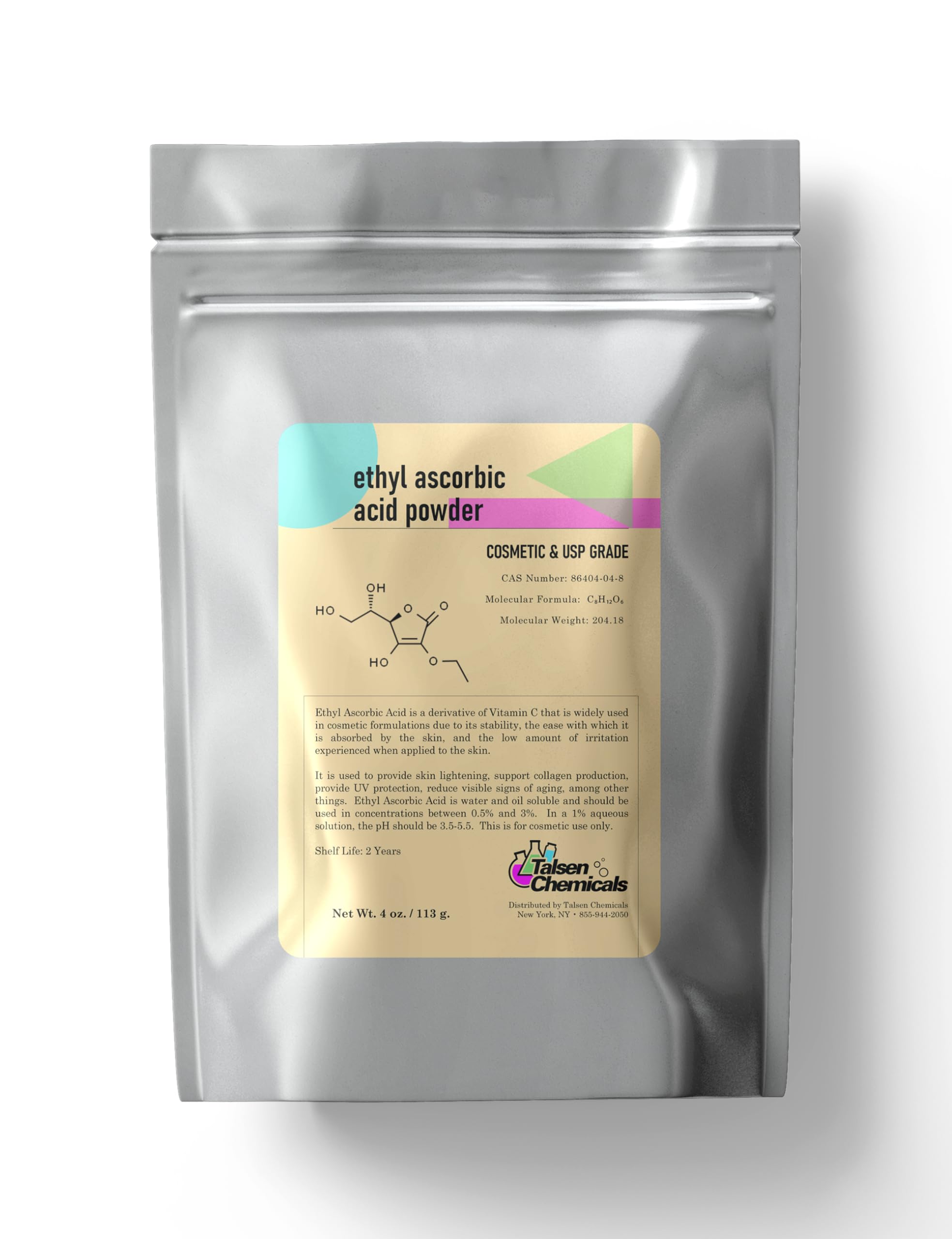 Talsen Ethyl Ascorbic Acid Powder bottle close-up, demonstrating stable Vitamin C for skin.