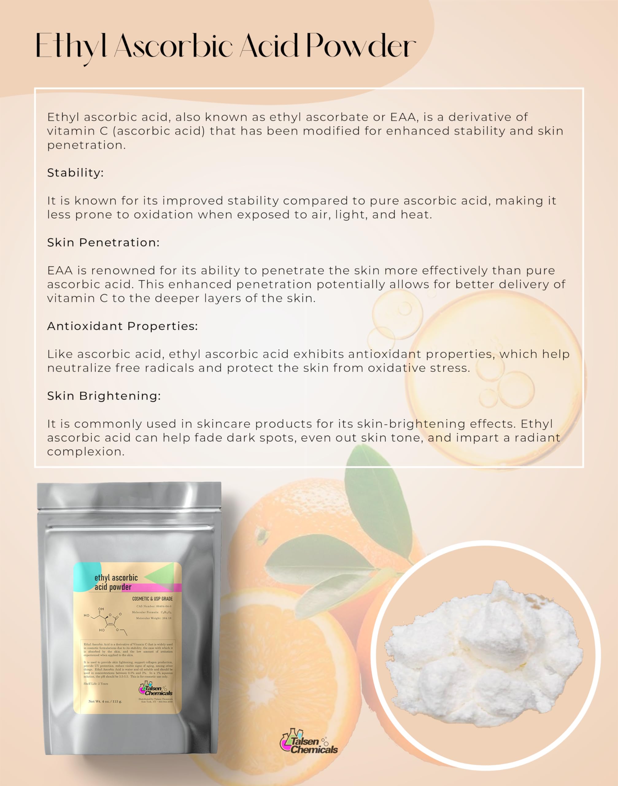 Talsen Ethyl Ascorbic Acid Powder product shot on clean background emphasizes stability.