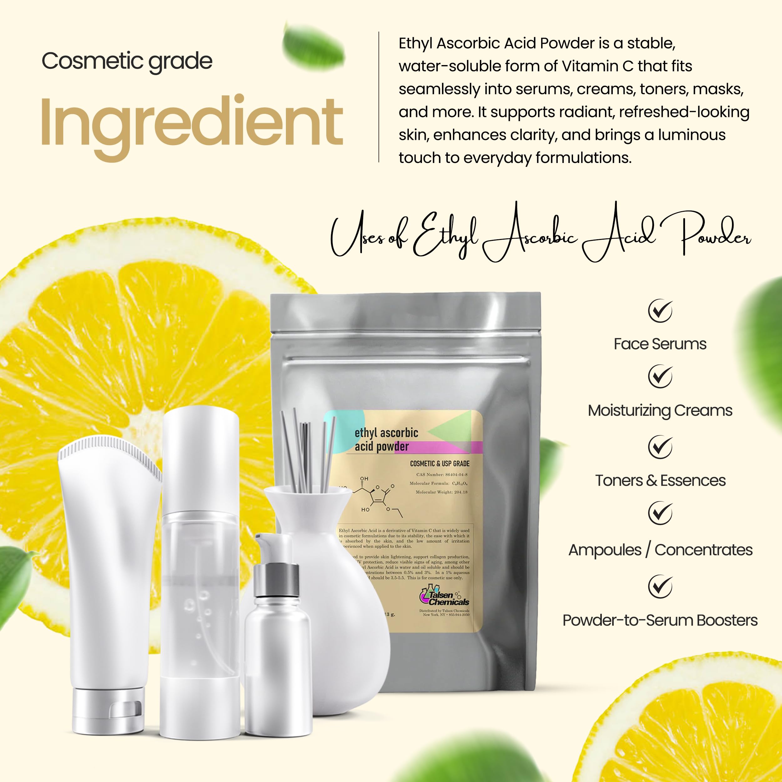 Talsen Ethyl Ascorbic Acid Powder jar with dropper indicates skin-friendly cosmetic use.