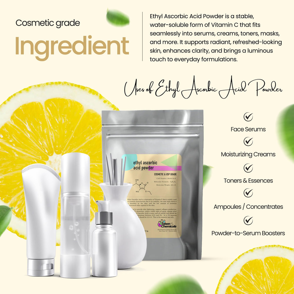Talsen Ethyl Ascorbic Acid Powder jar with dropper indicates skin-friendly cosmetic use.