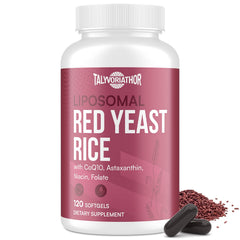 Talyvoriathor liposomal red yeast rice bottle close-up highlights premium formula for cardiovascular support.