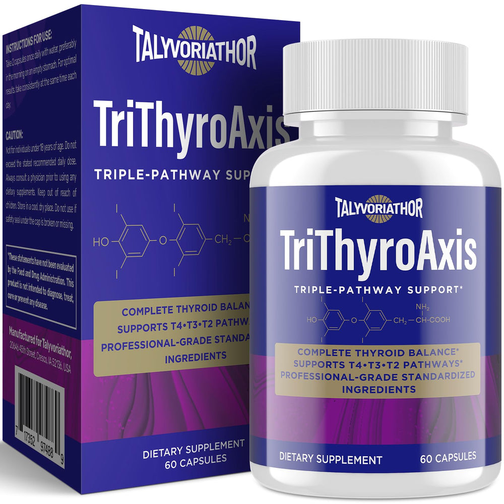 Talyvoriathor TriThyroAxis bottle label shows standardized herbs for daily thyroid support.