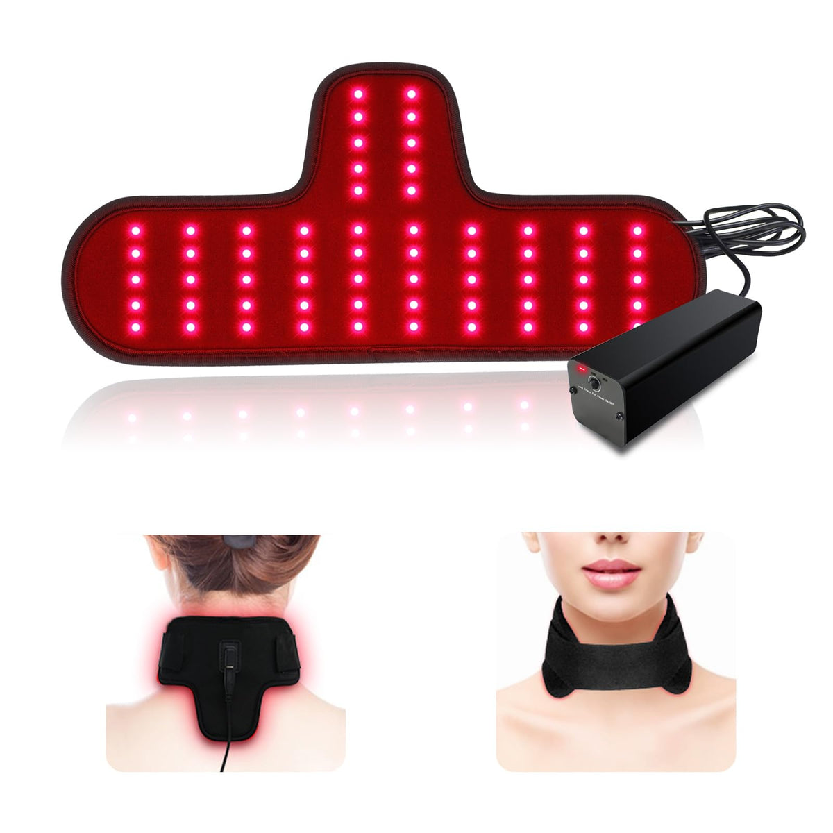 Tamthna neck-wrist red light therapy belt in front view for targeted warmth during desk work.