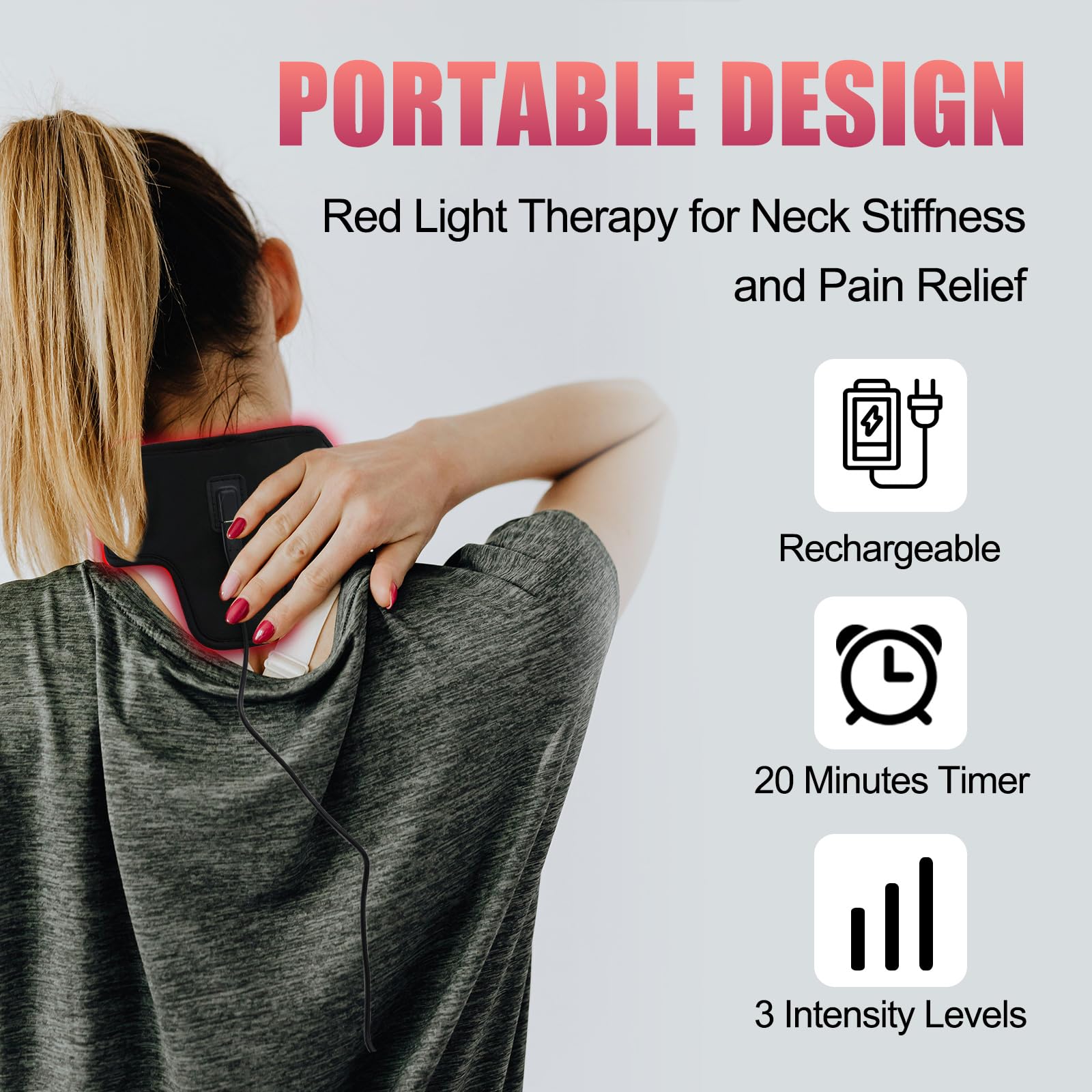 Tamthna neck-wrist belt worn on neck for hands-free red light therapy.