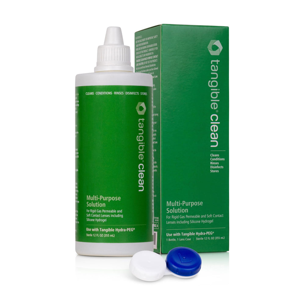 Tangible Clean bottle pour shows mess-free dispensing for daily lens care.