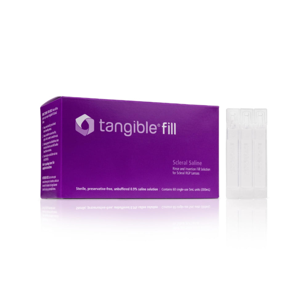 Tangible Fill box front with saline vials for scleral lens rinsing and filling.