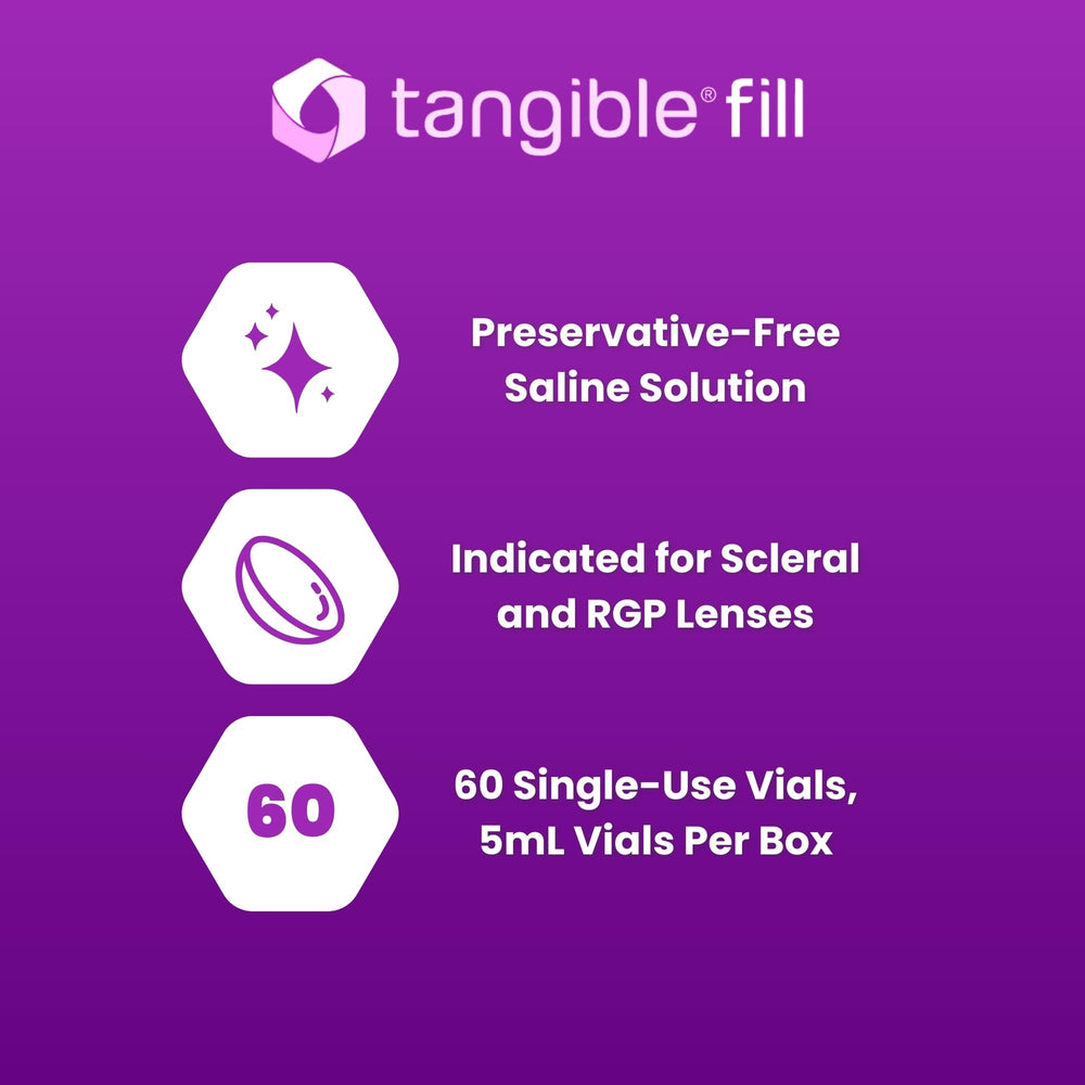 Tangible Fill sterile, preservative-free saline vial detail.
