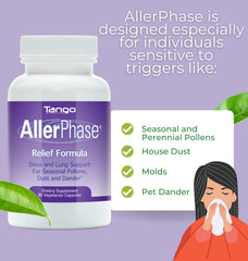 Tango AllerPhase capsules arranged beside label signaling non-drowsy daily use.