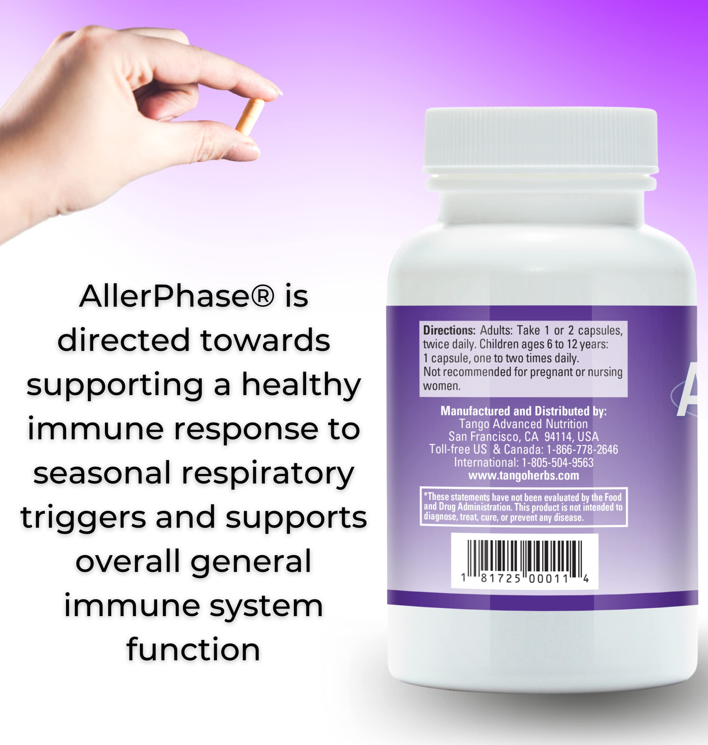 Tango AllerPhase pouring capsules suggesting quick relief possibilities.