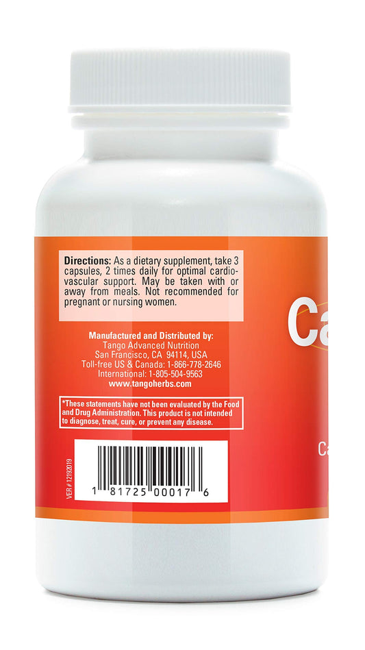 Tango CardioPhase bottle label close-up showing herbal blend for heart rhythm support.
