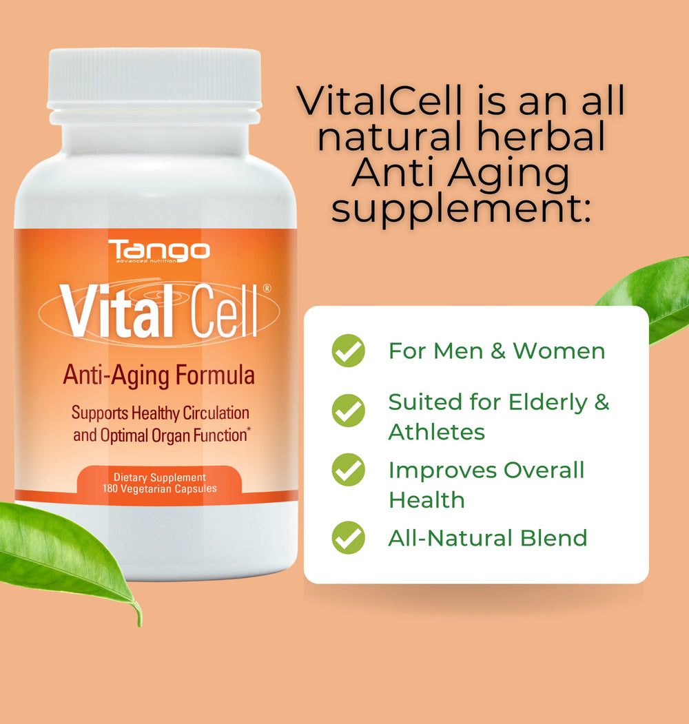 Tango Vital Cell bottle label close-up emphasizing herbal blend for wellness.