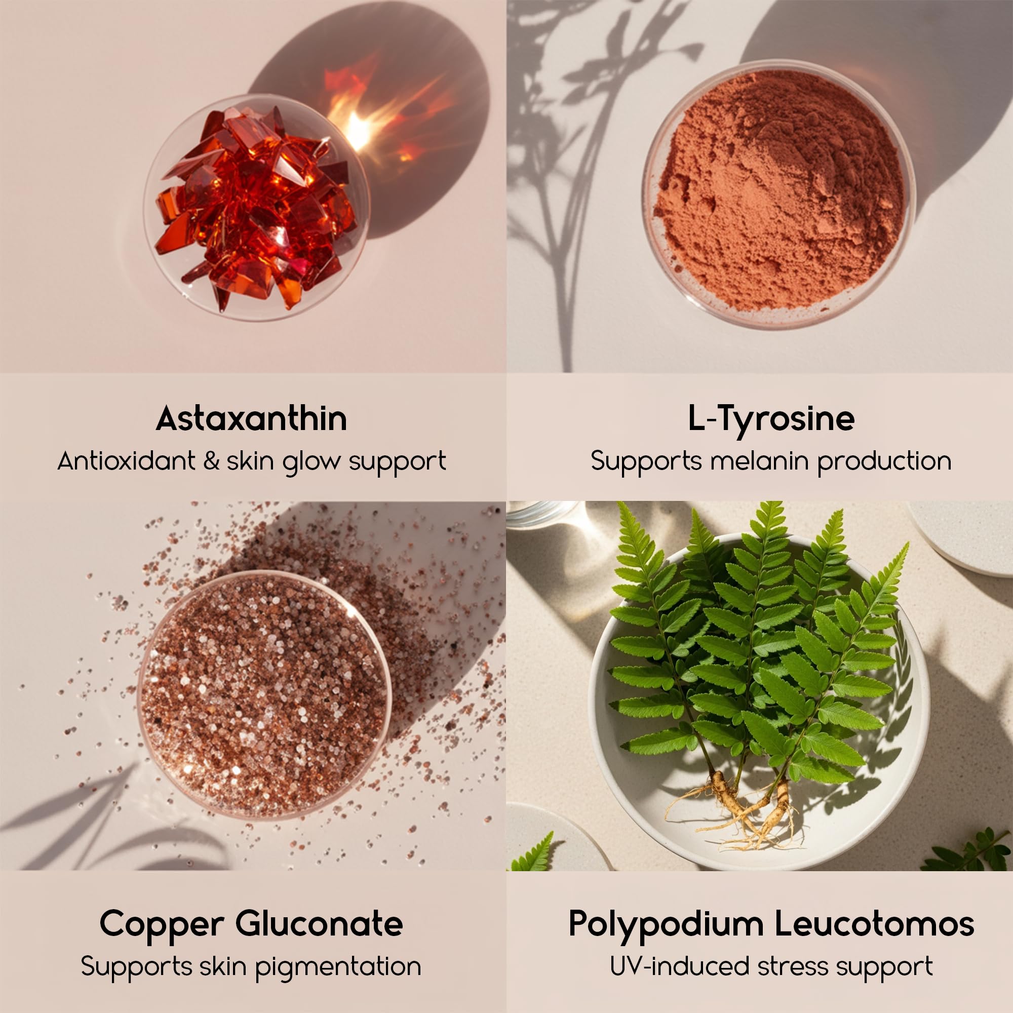 Tanova ingredients panel showing Polypodium Leucotomos and vitamins