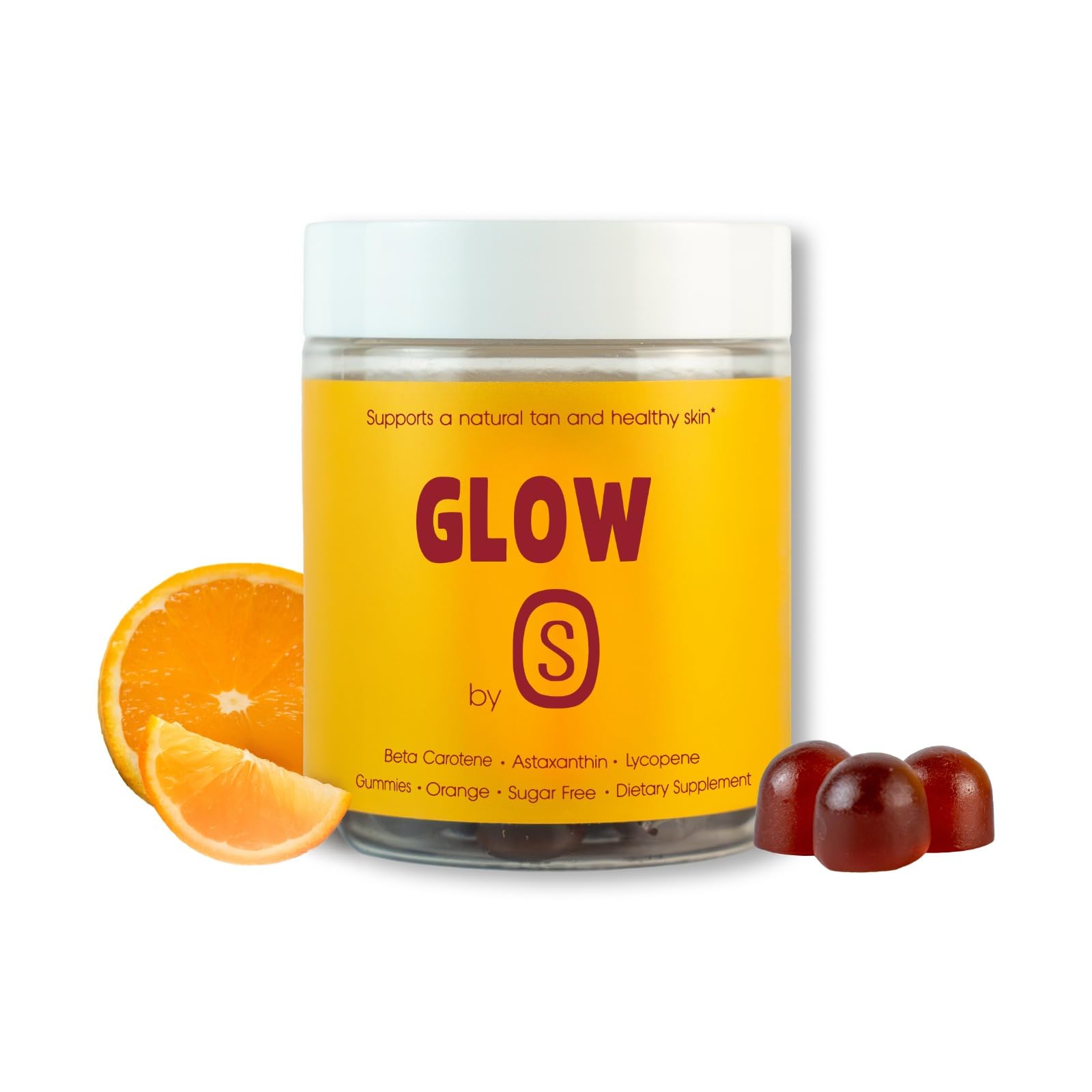 TANSOLARA Glow Gummies bottle front showing vegan sugar free skin support.