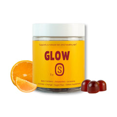 TANSOLARA Glow Gummies bottle front showing vegan sugar free skin support.