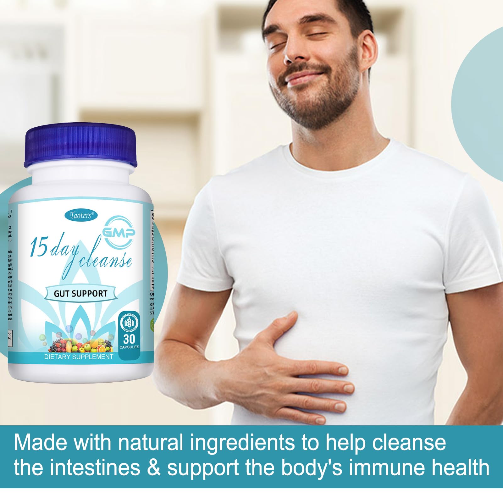 TAOTERS digestive wellness routine closeup suggests comfort after meals.