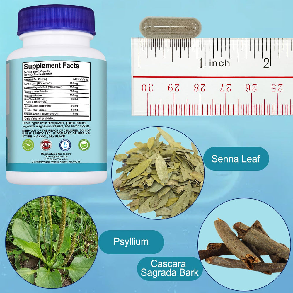 TAOTERS ingredients show senna, cascara, and psyllium for natural cleansing support.