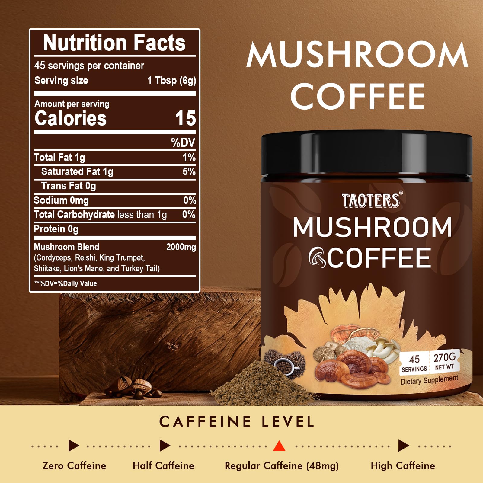 TAOTERS Mushroom Coffee cup steaming, creamy aroma for focused mornings.
