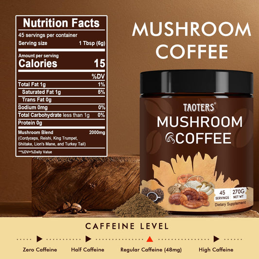 TAOTERS Mushroom Coffee cup steaming, creamy aroma for focused mornings.