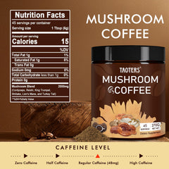 TAOTERS Mushroom Coffee cup steaming, creamy aroma for focused mornings.