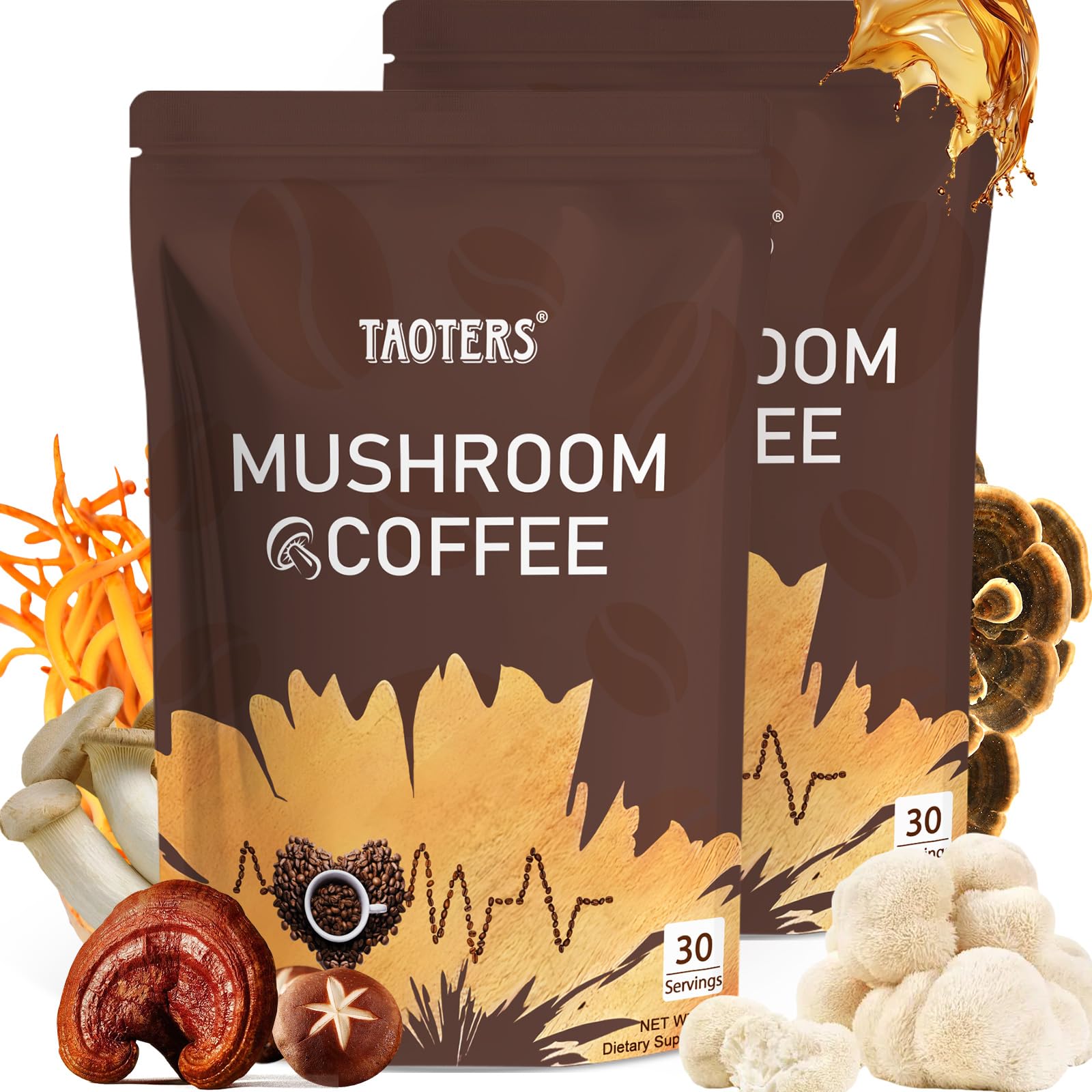 TAOTERS Mushroom Coffee front pack for convenient daily energy.