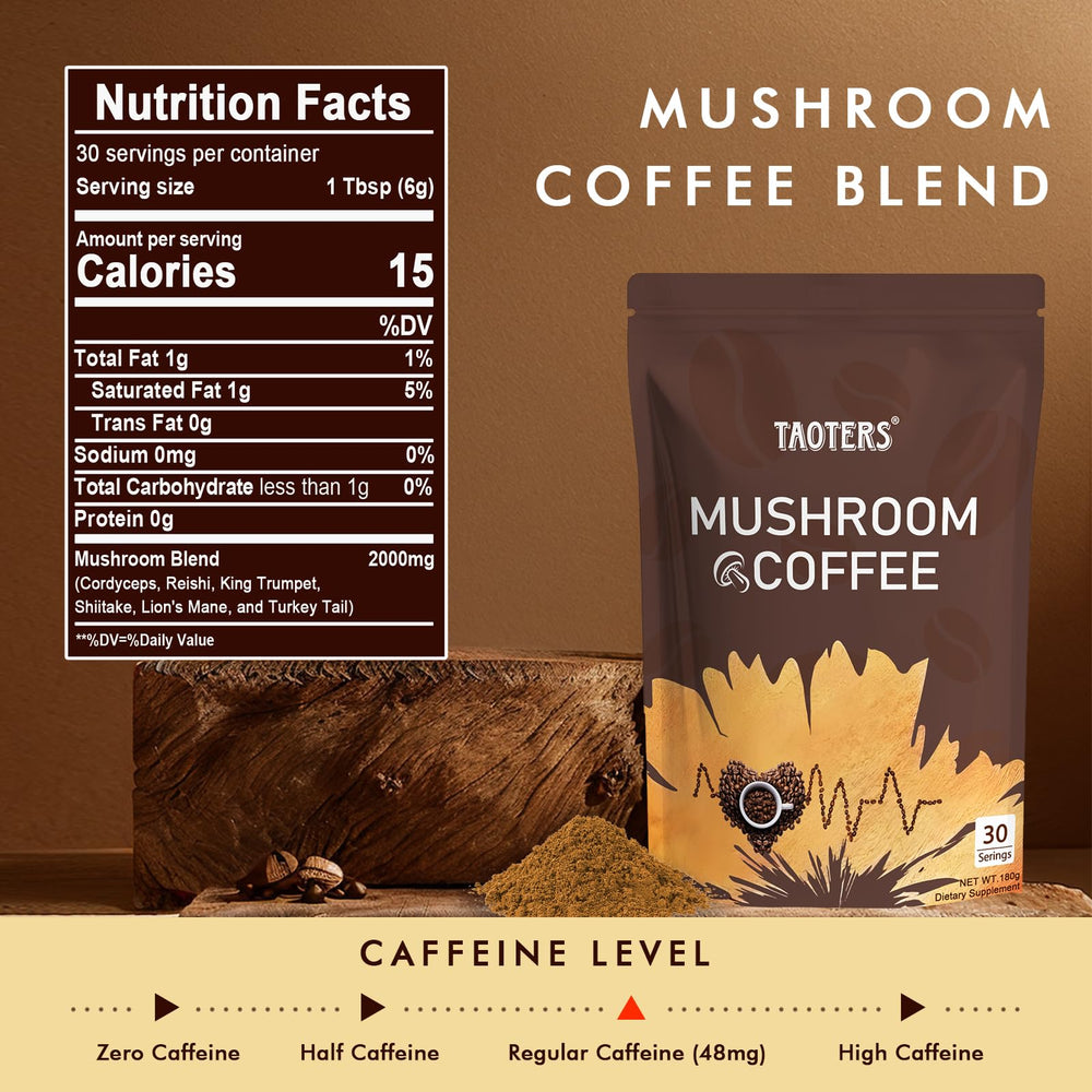 TAOTERS Mushroom Coffee close-up highlights creamy texture with MCT oil.
