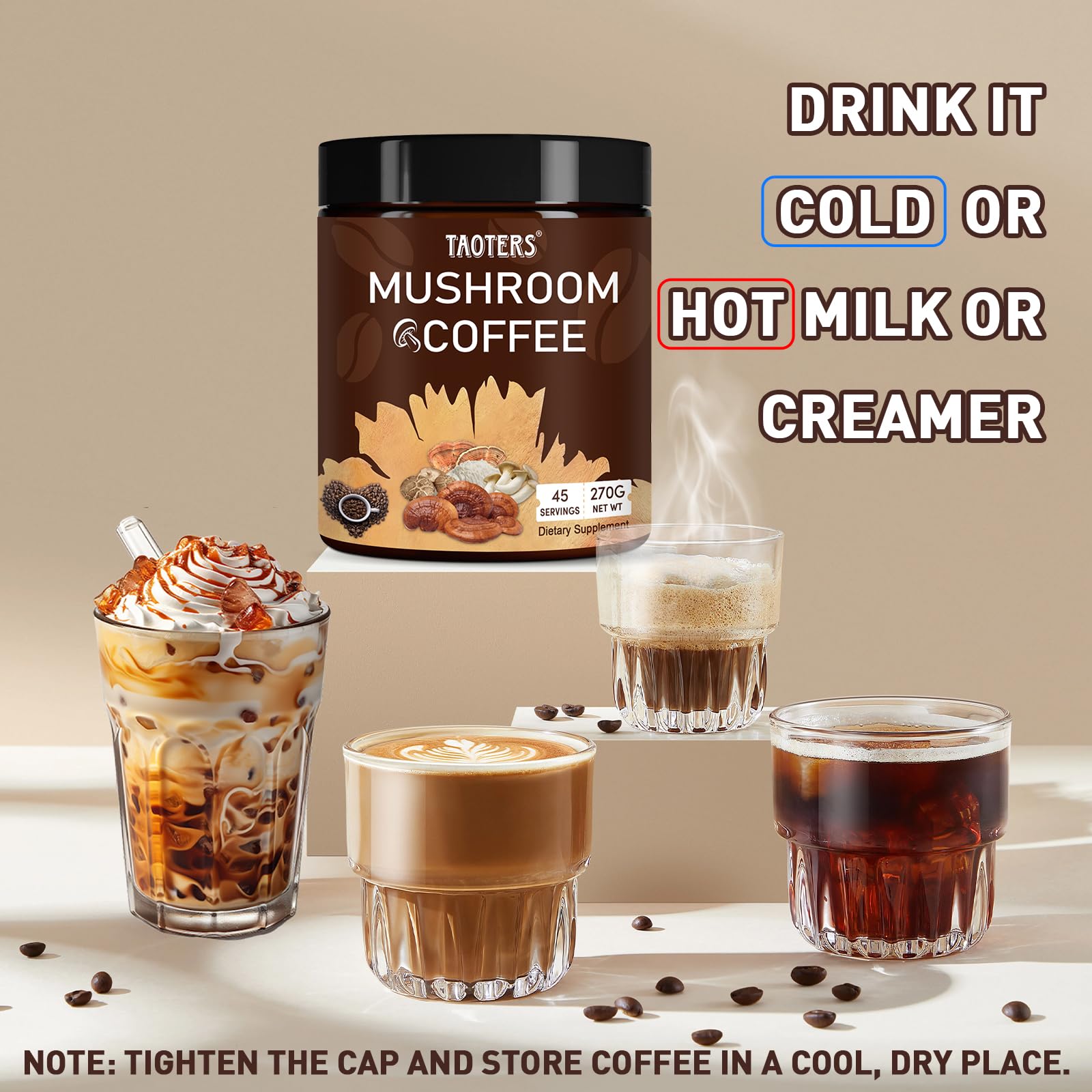 TAOTERS blend with MCT oil and coconut milk delivers creamy texture in mug.