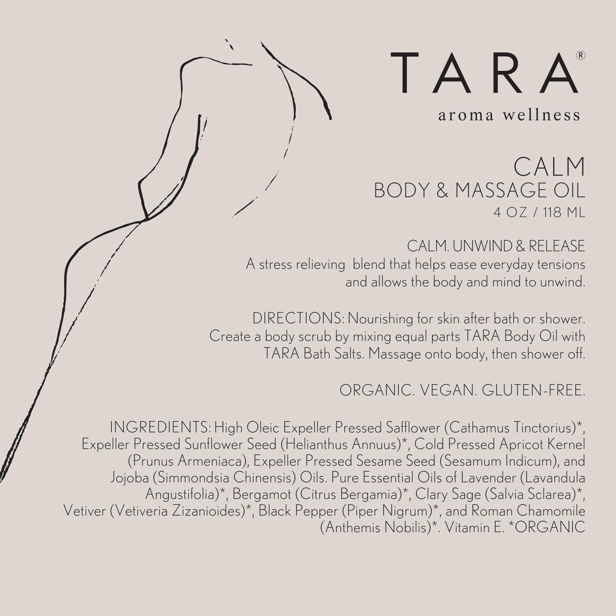 TARA Spa Therapy Calm Oil label shows lavender, mandarin and chamomile notes.