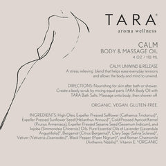 TARA Spa Therapy Calm Oil label shows lavender, mandarin and chamomile notes.