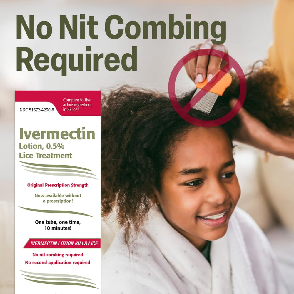 TARO Ivermectin Lotion bottle emphasizing no nit combing feature to save time.