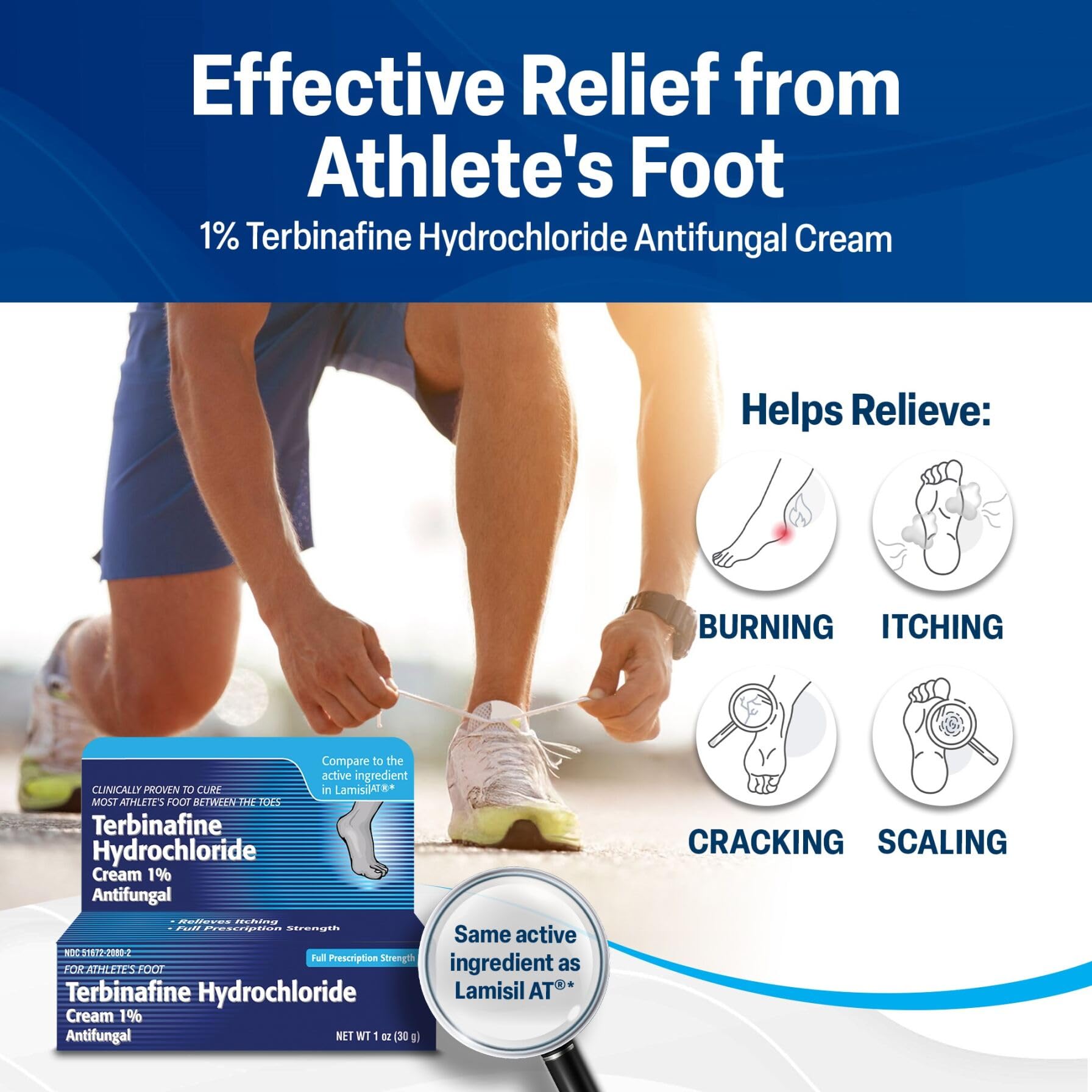 TARO Terbinafine 1% tube closeup highlights easy application for quick symptom relief.