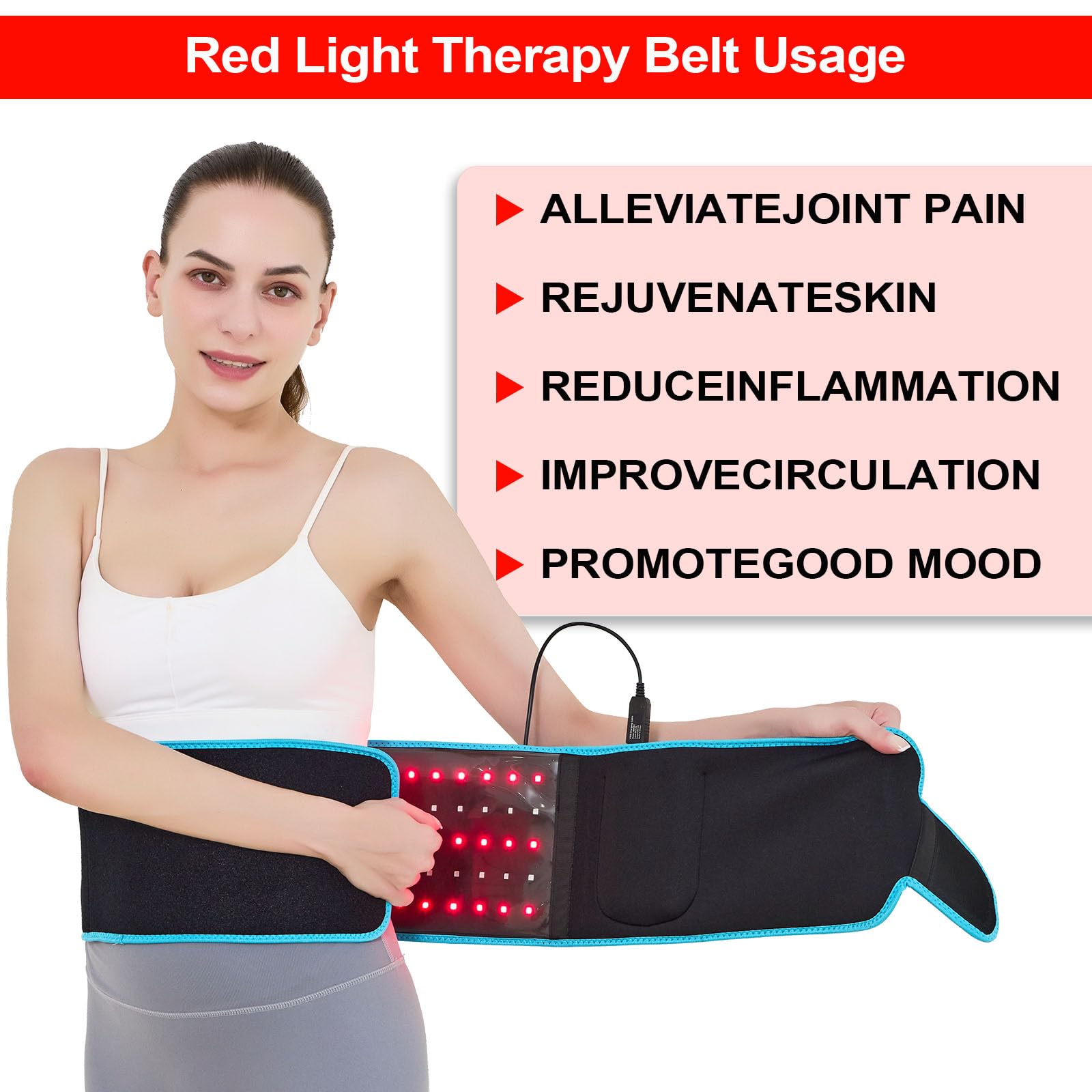 Tashi red light therapy belt control panel highlights timing and settings