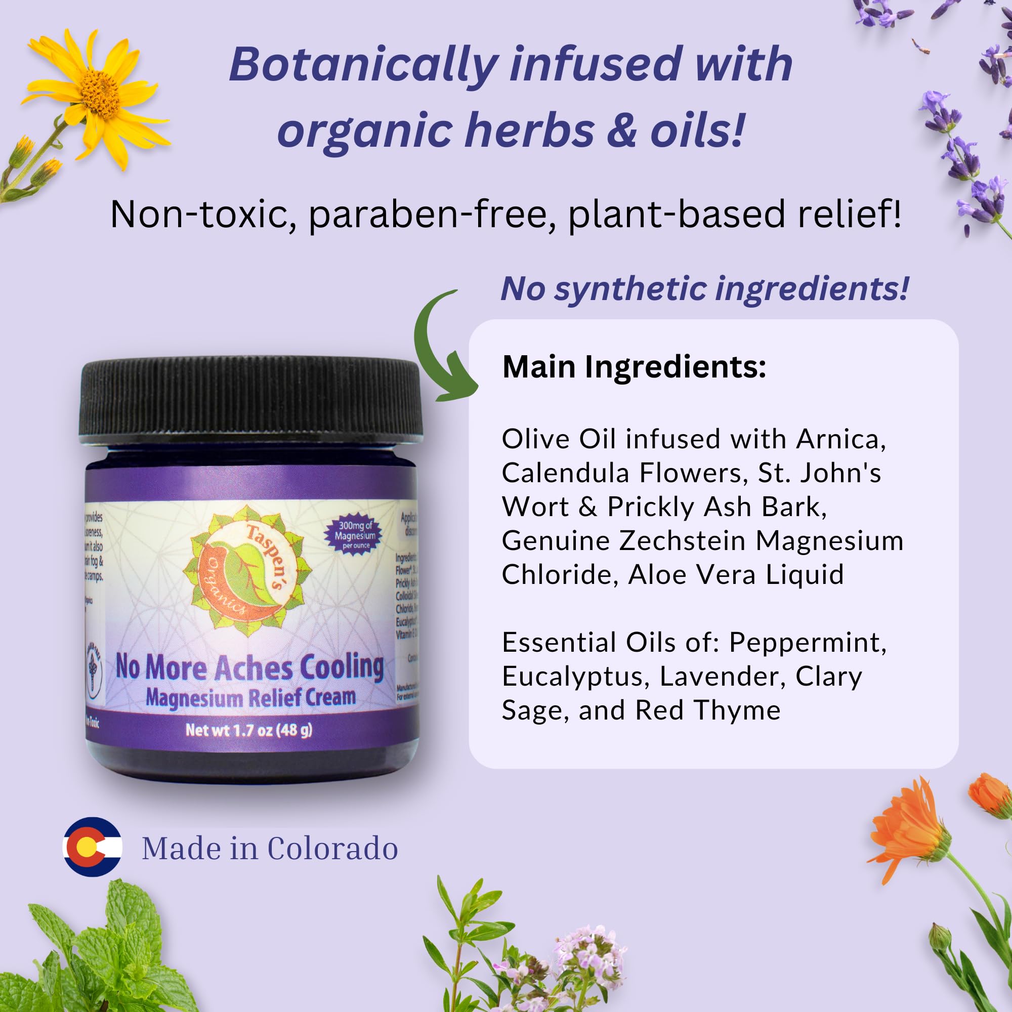 Arnica blend visible in Taspen's Organics cream for soothing muscle support.