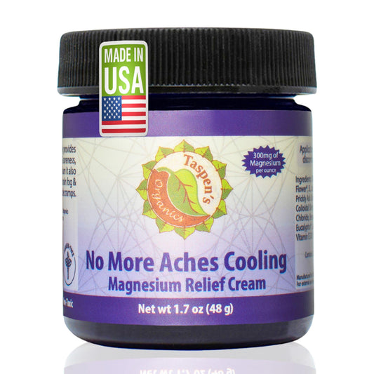 Taspen's Organics Magnesium No More Aches bottle offering cooling relief for tired muscles.