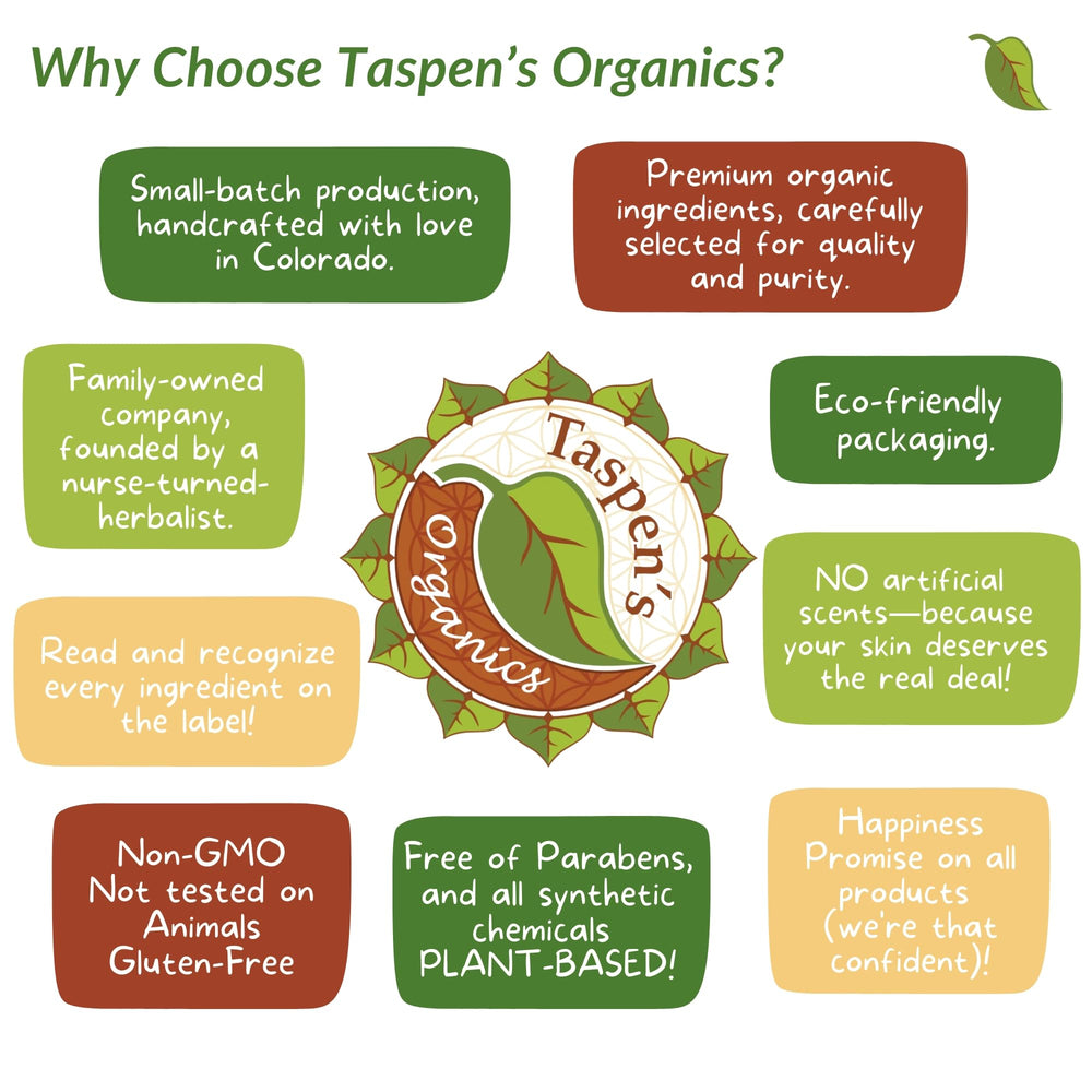 Taspen's Organics Magnesium No More Aches Colorado-made bottle emphasizes quality