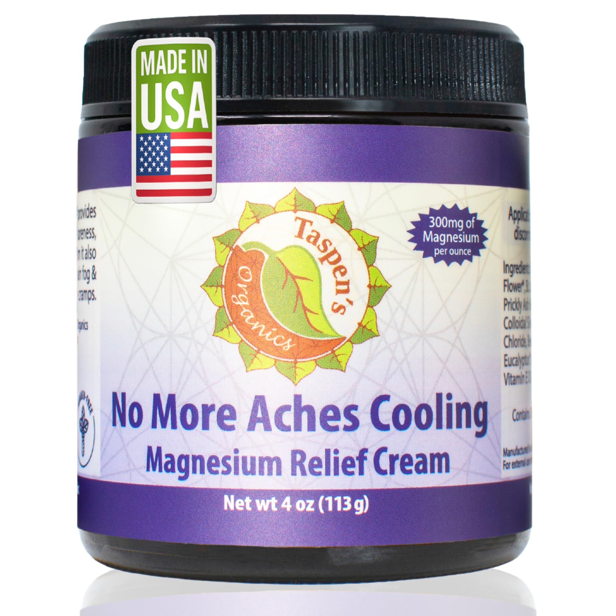 Taspen's Organics Magnesium No More Aches bottle closeup highlighting cooling comfort