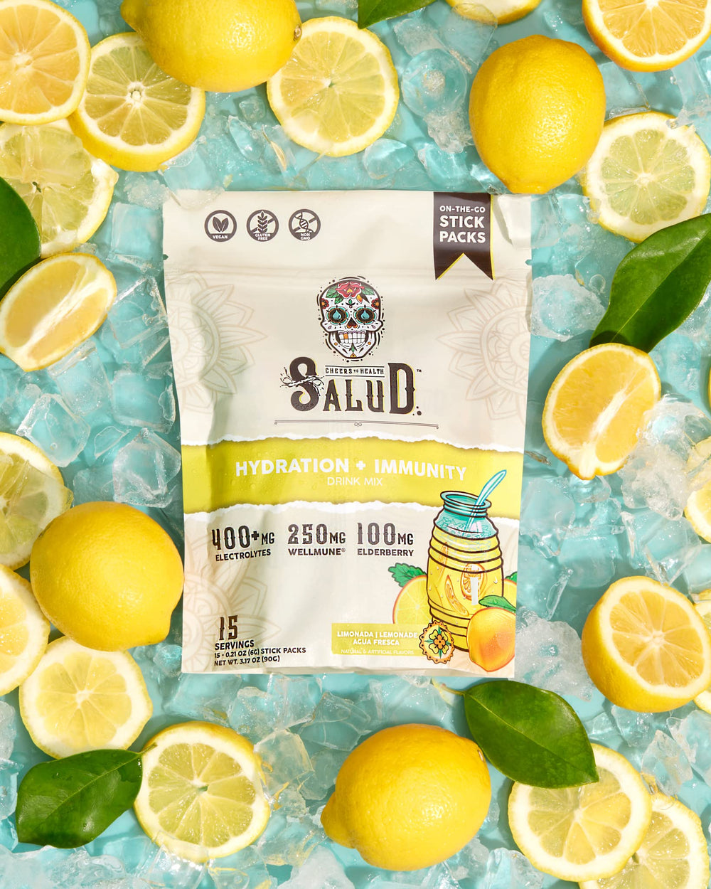 Taste Salud 15-serving sticks shown with prepared agua fresca drink for easy on-the-go wellness
