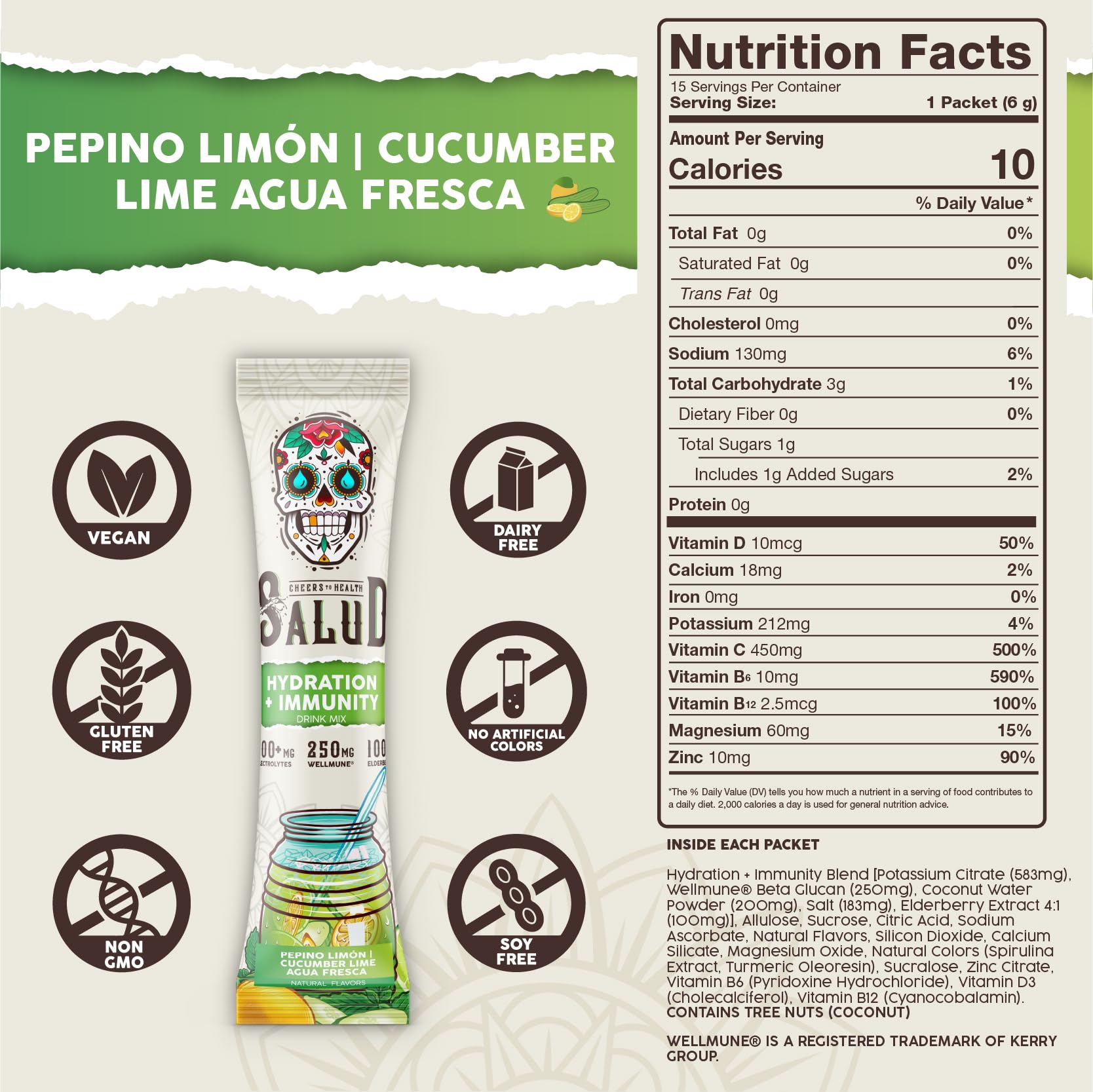 Taste Salud electrolyte blend with magnesium, potassium, and sodium for balanced fluids.