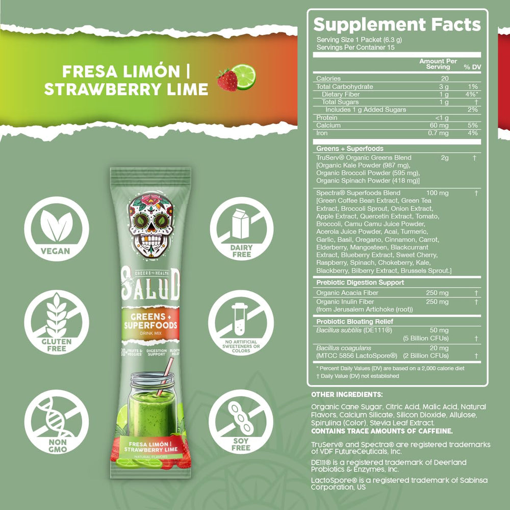 Taste Salud fruits and veggies mix packet ready to blend into a drink.