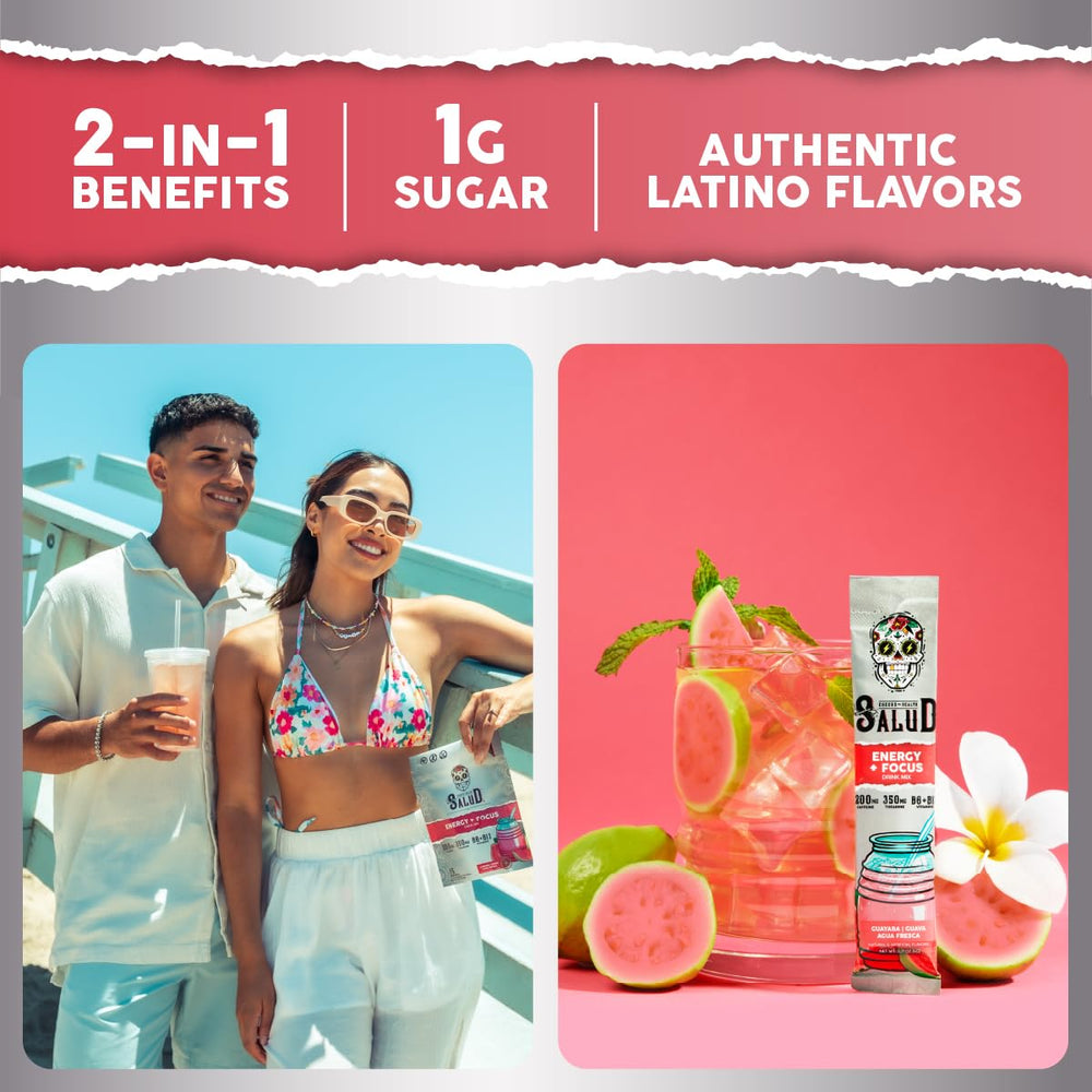 Taste Salud guava agua fresca powder with scoop for refreshing drink.