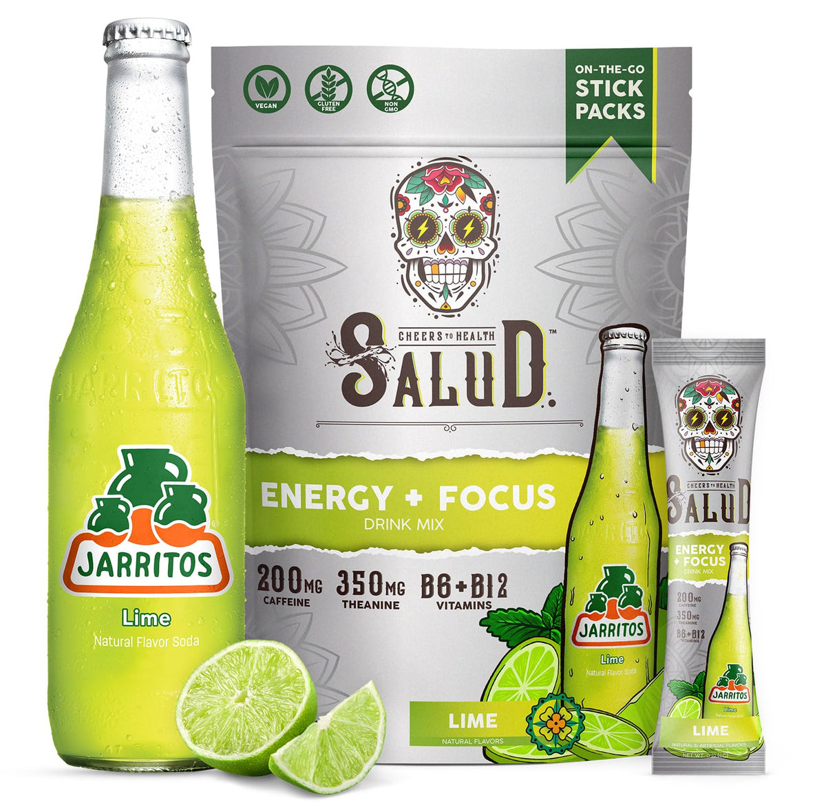 Taste Salud x Jarritos 2in1 energy lime powder poured into water for a refreshing lift.