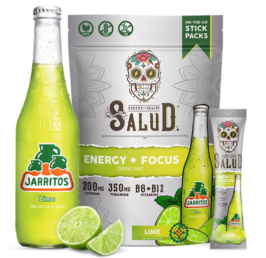 Taste Salud x Jarritos 2in1 energy lime powder poured into water for a refreshing lift.