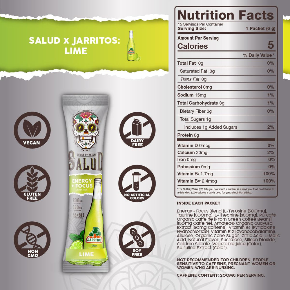 Taste Salud x Jarritos lime flavor mix on the label highlights vibrant flavor.