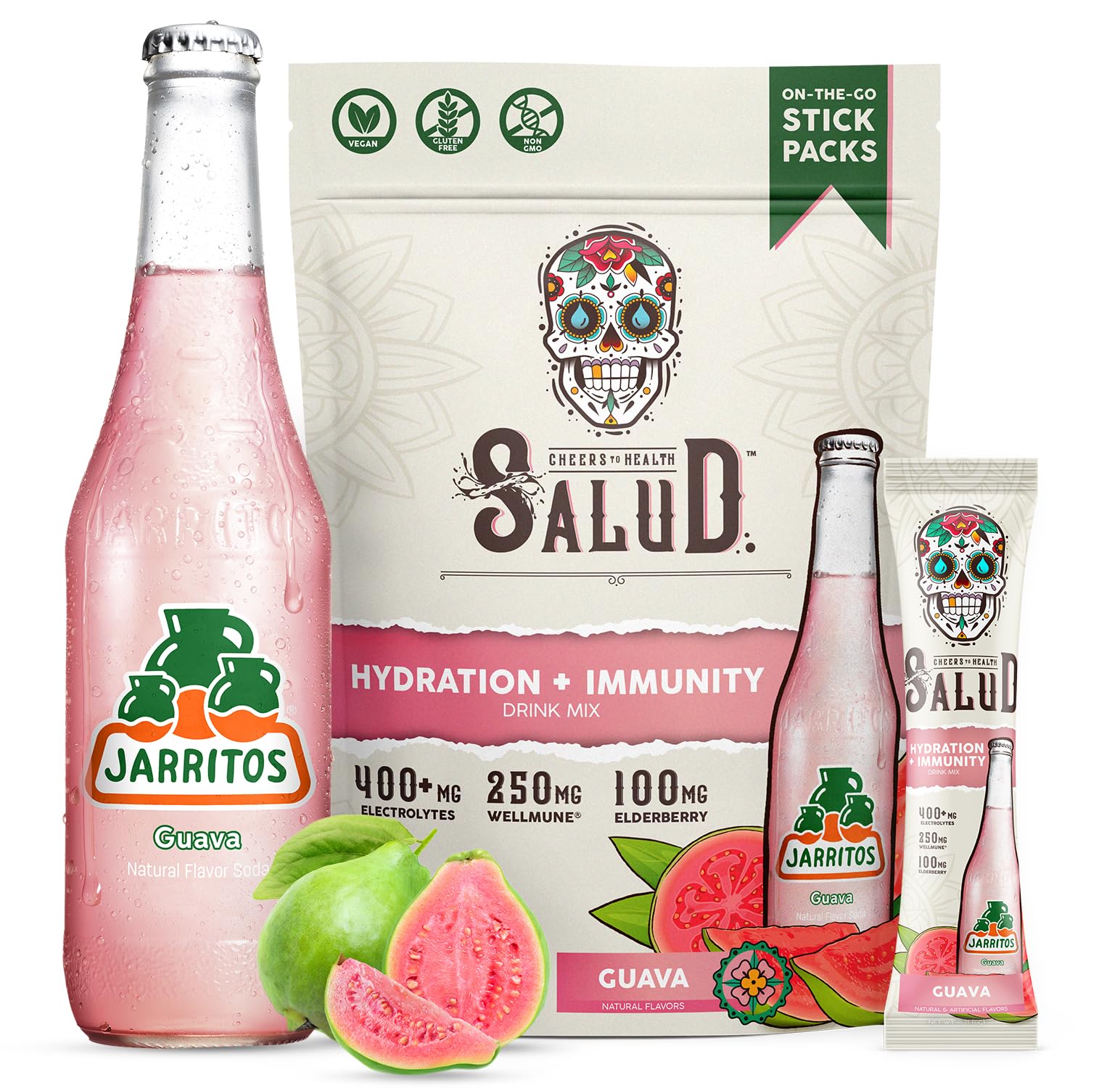 Taste Salud x Jarritos two-in-one hydration packets pour for refreshing on the go.