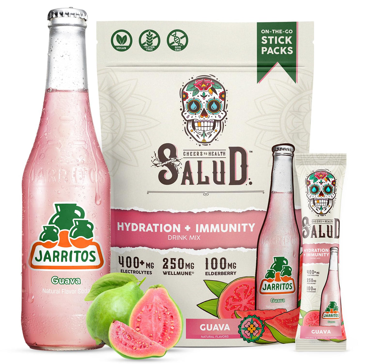 Taste Salud x Jarritos two-in-one hydration packets pour for refreshing on the go.