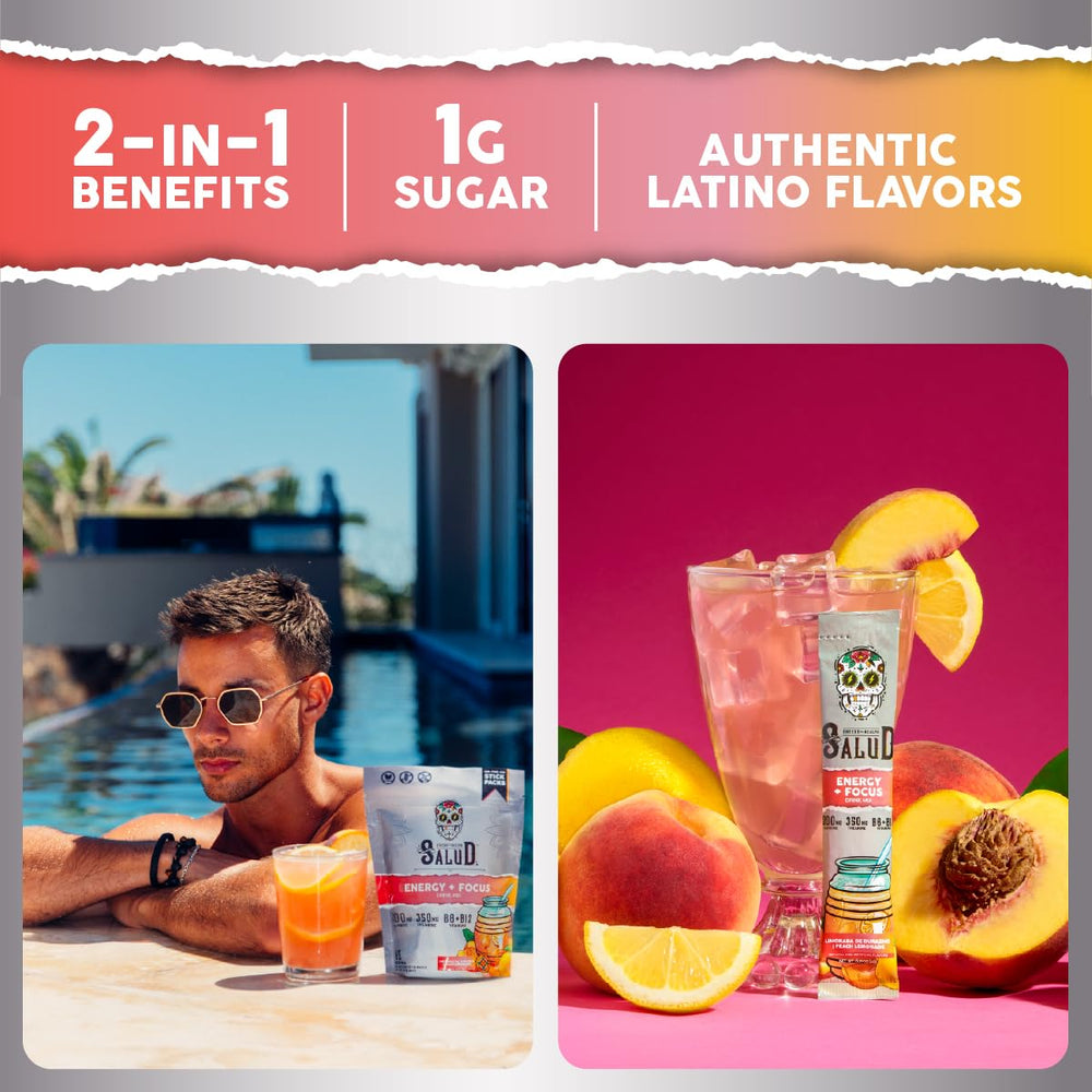 Taste Salud being poured into water for a Peach Lemonade energy refreshment.