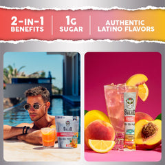 Taste Salud being poured into water for a Peach Lemonade energy refreshment.